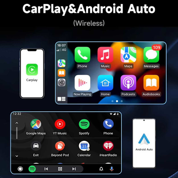 Bilstereo 7" Pekskärm för Bil med Trådlös Carplay och Android Auto svart