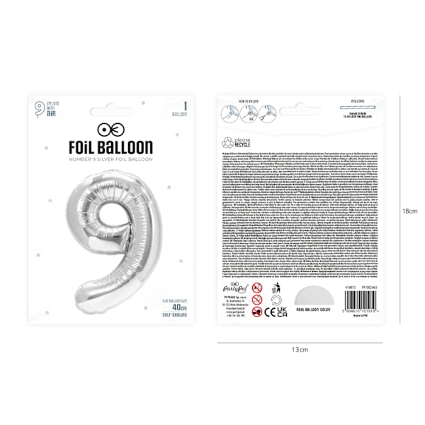 Folieballon Nummer 9 Sølv 40 cm sølv