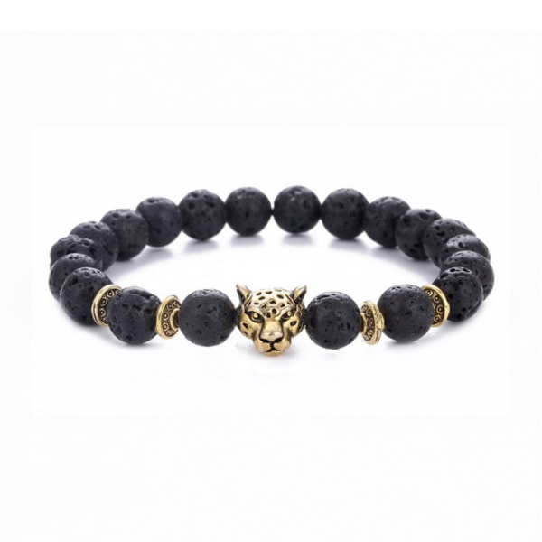 Håndlavet armbånd sort lava og guld leopardhoved sort