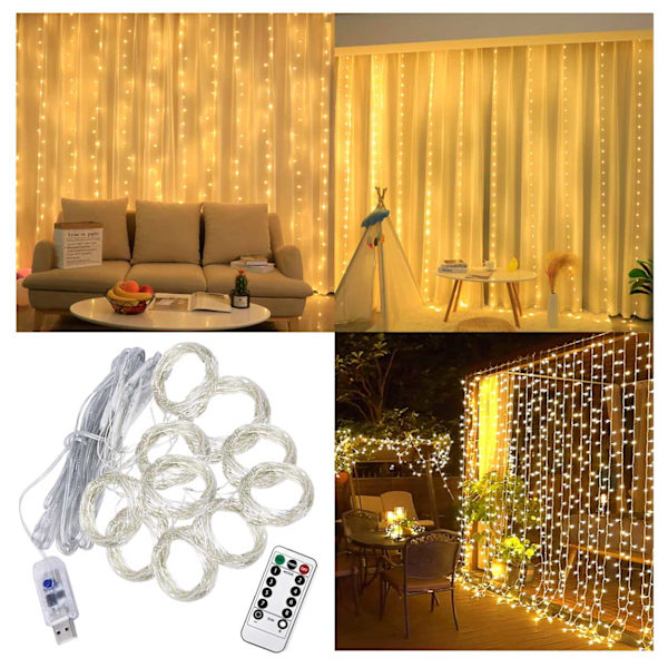 LED -gardin USB Light Loop med fjernbetjening 3m varm hvid gul