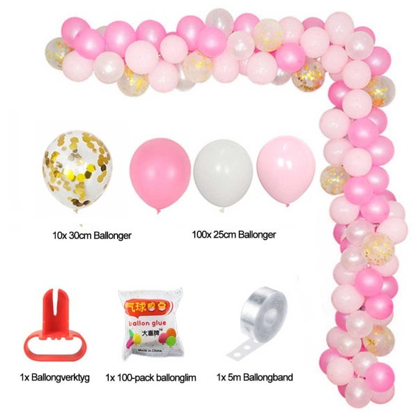 Ballongbåge Rosa Vit - Komplett Ballonggirlang 5m rosa