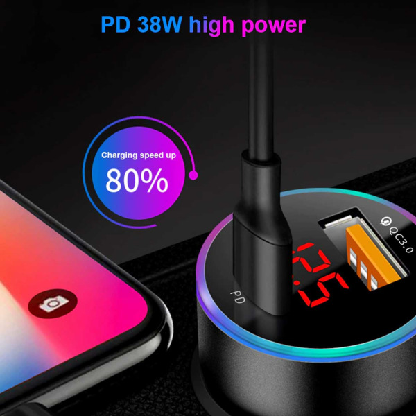 Billaddare USB-C 6A 36W Power Delivery Quick Charge 3.0 svart