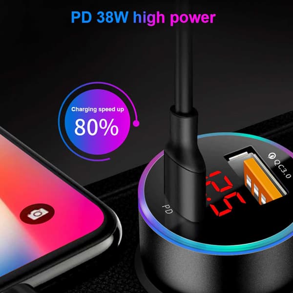 Biloplader USB-C 6A 36W Power Delivery Quick Charge 3.0 sort