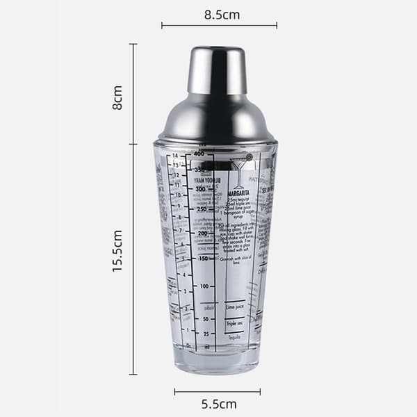 Cocktailshaker med drikkeopskrift 400 ml shaker glas rustfrit stål sølv
