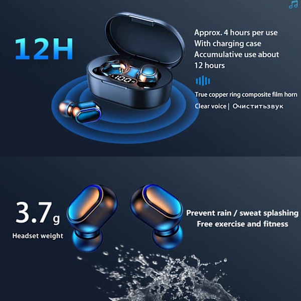 TWS Helt Trådlösa In-Ear Hörlurar Laddfodral med Display Svart svart