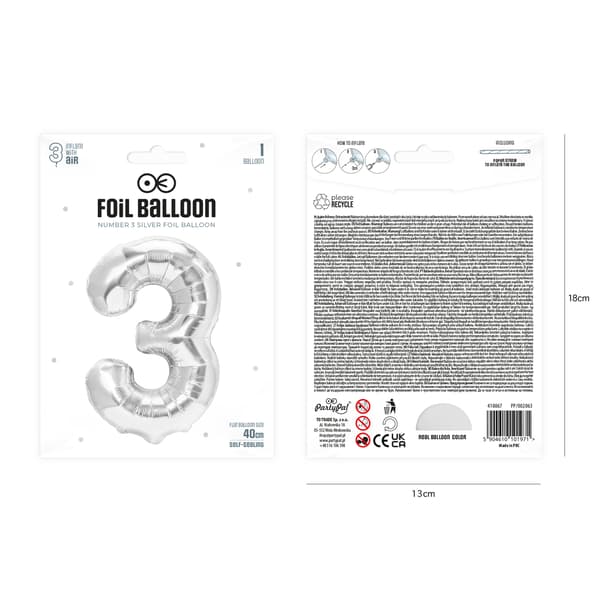 Sølv Tall 3 Folieballong 40 cm sølv