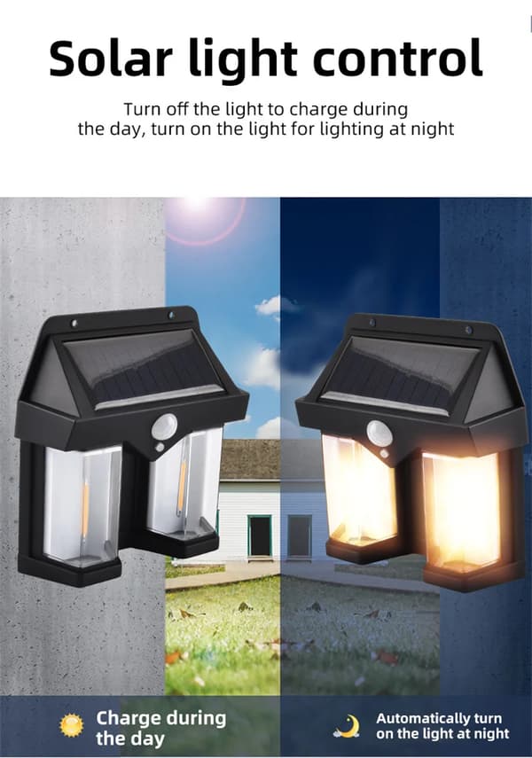Dobbel LED solcellelampe for fasadeveggbelysning