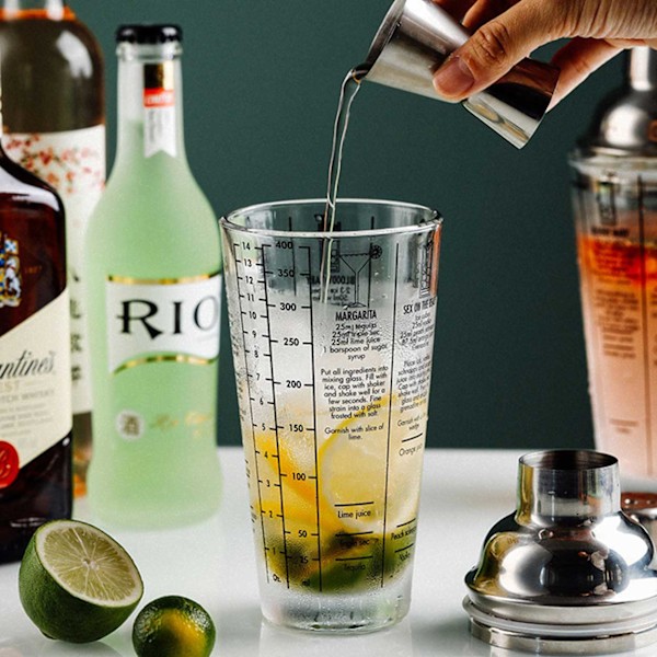 Cocktailshaker med drikkeopskrift 400 ml shaker glas rustfrit stål sølv
