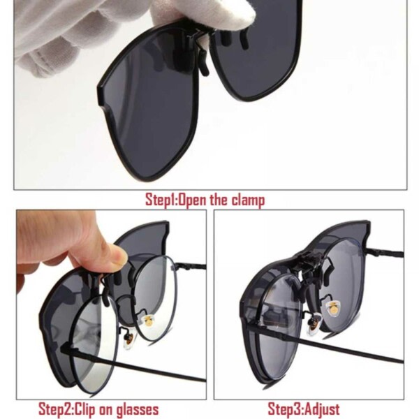 Clip -on -aurinkolasit - kiinnitetty olemassa oleviin laseihin - vaihtelevat mustat musta