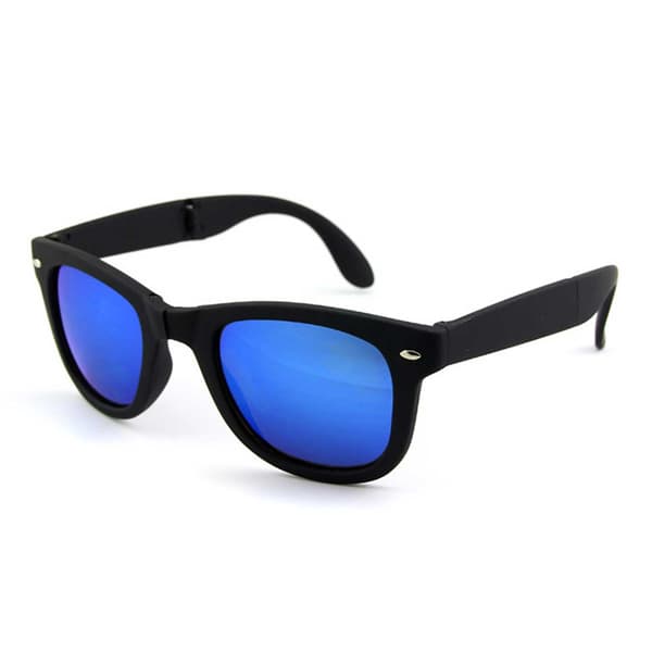 Sammenleggbare svarte veifares solbriller Blue Mirror Glass + Senile String svart