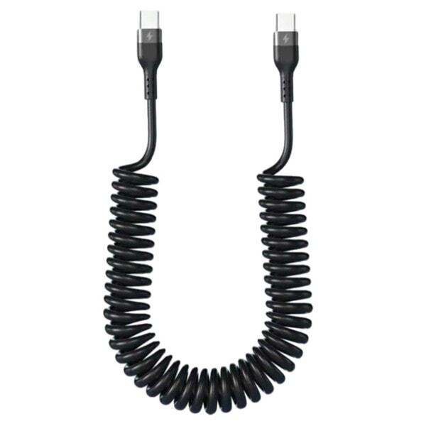USB-C Spiralkabel med Strømforsyning PD 66W 1,5m Sort svart