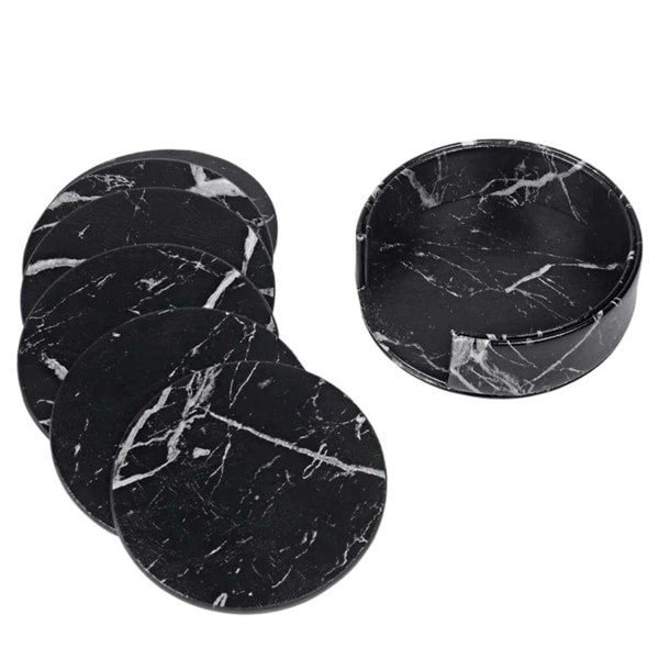 6-Pack Vändbara Glasunderlägg Svart Marmor PU med Hållare svart