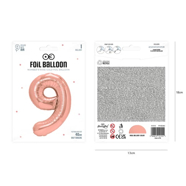 Folieballong Nummer 9 Roségull 40 cm