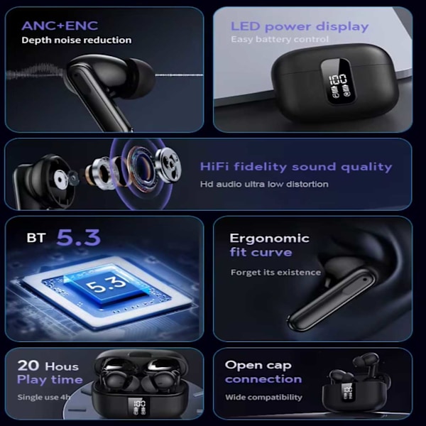 Trådlösa Bluetooth Hörlurar 20 Timmar ANC ENC BT 5.3 Svart svart