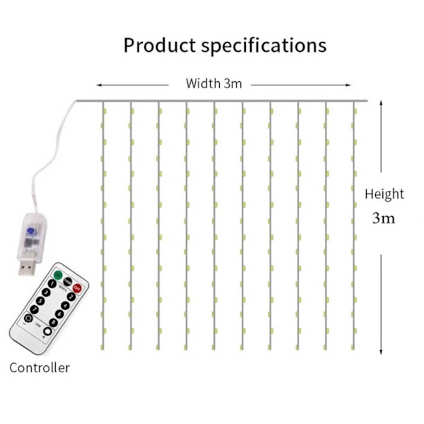 LED -gardin USB Light Loop med fjernbetjening 3m varm hvid gul