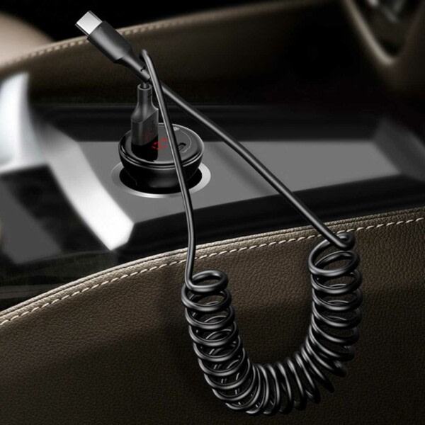 USB-C Spiralkabel med Strømforsyning PD 66W 1,5m Sort svart