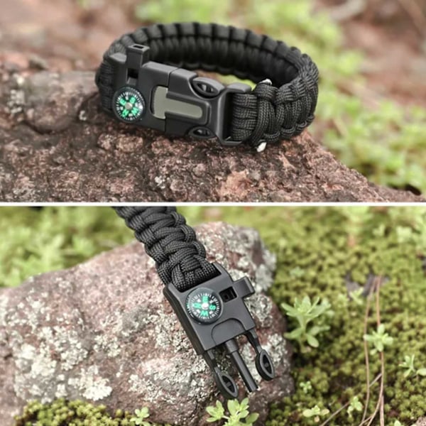 Paracord-rannekoru, jossa sytytystulppa, kompassi ja pilli musta musta