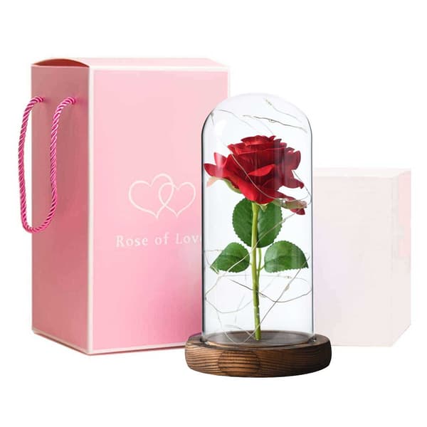 Red Eternity Rose - Rose in Glass Cup med belysning rød