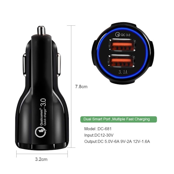 Universal Billaddare Quick Charge 3.0 2 USB 3.1A Snabbladdare vit