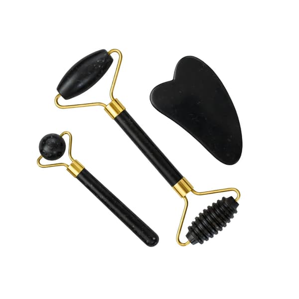 Ansiktsmassage Jade 3-i-1 med Roller och Gua Sha Svart