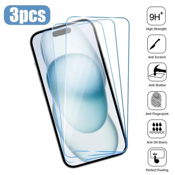 3-Pack iPhone 15 Pro Comprehensive Screen Protector HD Tempered Glass gennemsigtig