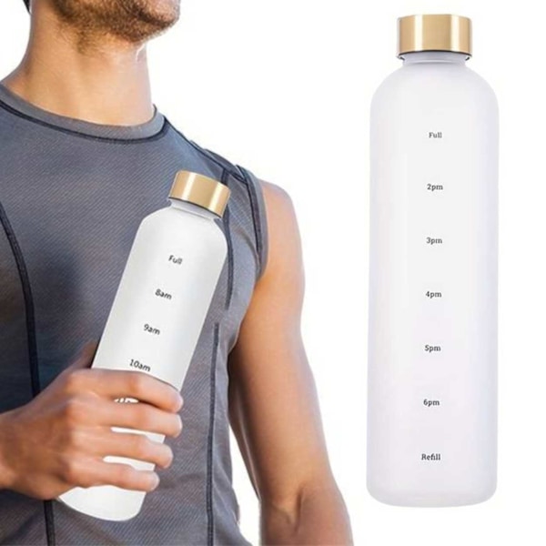 Minimalistinen motivoiva vesipullo, jossa aikamerkki 1000 ml musta musta