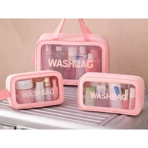 Necessär Set 3-Pack Transparent – Resenecessär i 3 Storlekar med Dragkedja Rosa