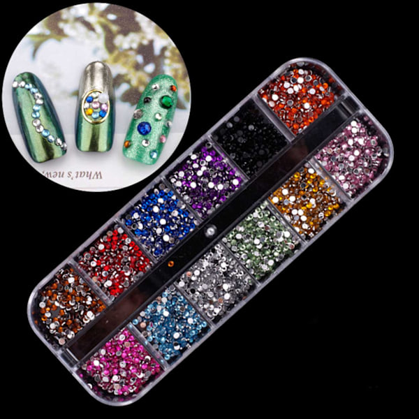 2000 Rhinestone Nageldekorationer - Olika Färger i Ask flerfärgad