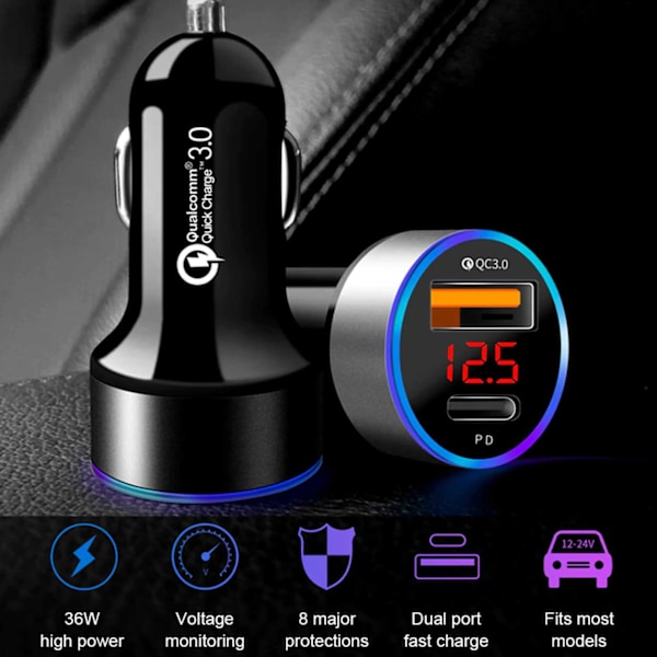Billaddare USB-C 6A 36W Power Delivery Quick Charge 3.0 svart
