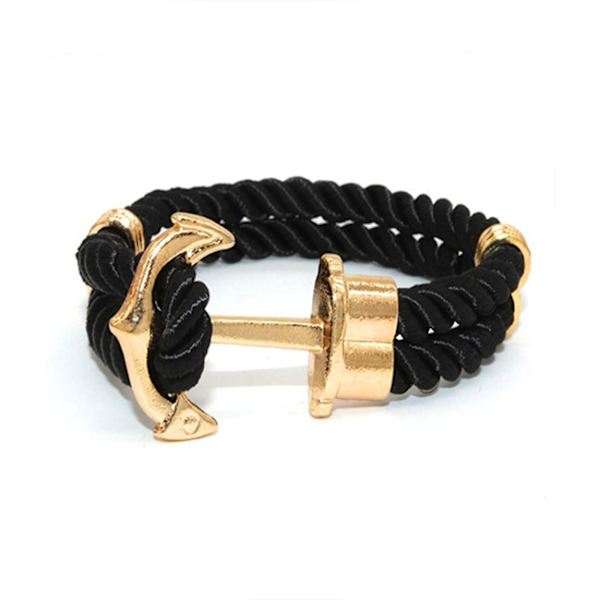 Trendy læder armbånd reb med anker i metal sort / guld guld