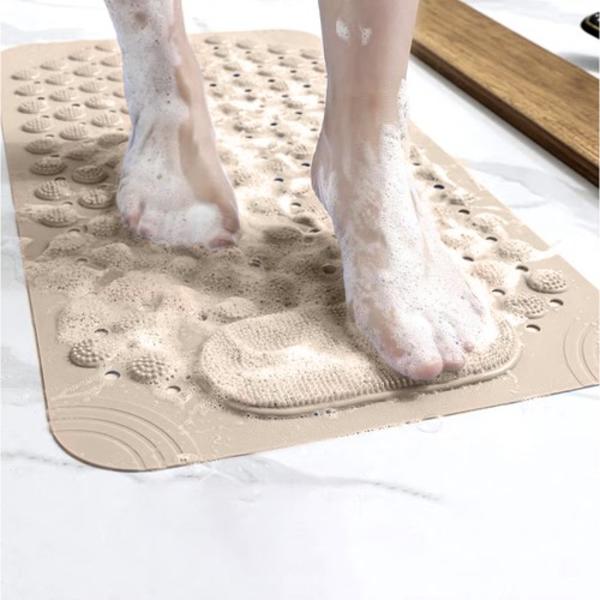 Liukumaton suihkumatto, jossa jalkakuorinta ja imukupit beige