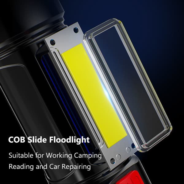 Taktisk Lommelykt Oppladbar – 9 LED + COB – USB – IP64 – Flere Lysmoduser