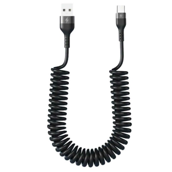 USB A til USB-C Spiralkabel 5A Hurtiglading 1,5m Sort svart