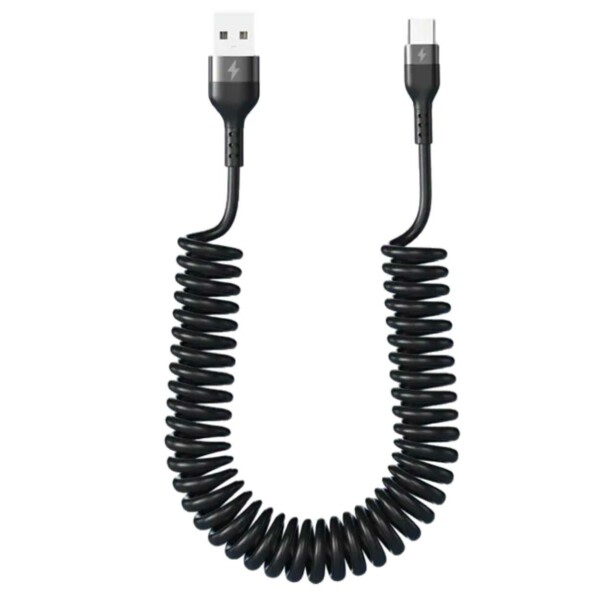 USB A–USB-C spiraalikaapeli 5A Pikalataus 1,5 m Musta musta