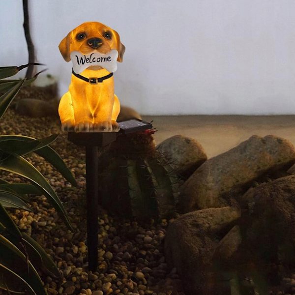 Solcellelampe LED hund 41 cm – hagedekorasjon med skumringssensor IP44
