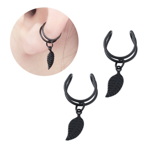 2-pack Fake Helix Piercing Ear Earring Ear Cuff Med Feather Black sort