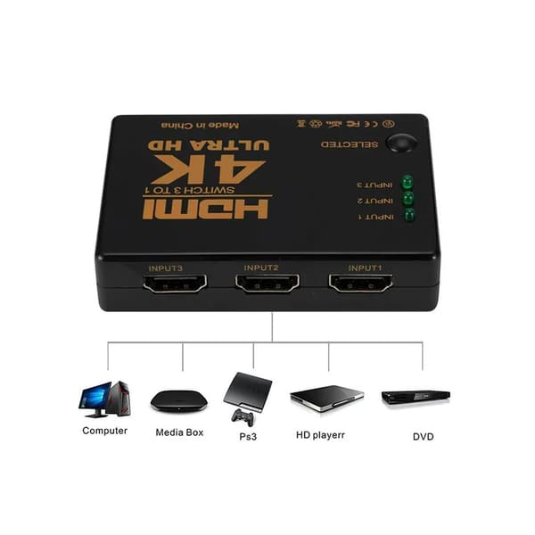 HDMI Switch 3 til 1 med 4K UHD og fjernkontroll