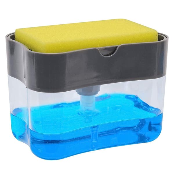 Vaskemiddeldispenser og holder for vaskesvamp grå