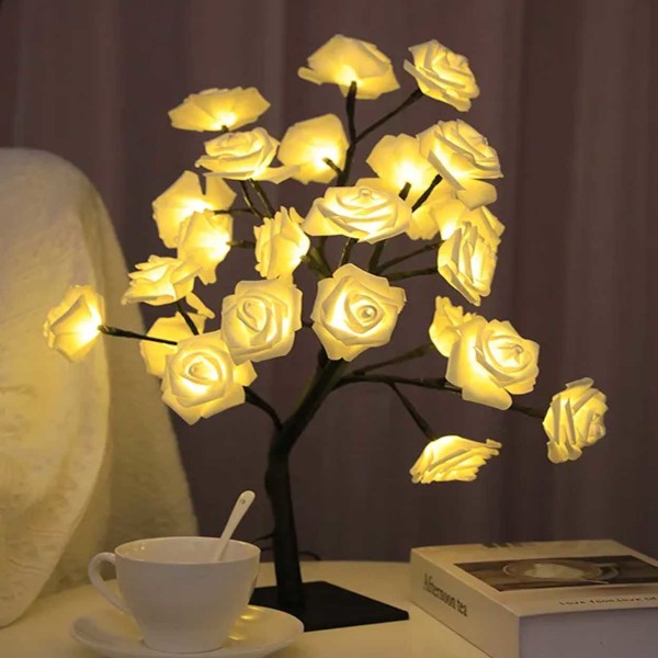 LED -pöytävalaistuspuut ruusuilla valkoinen