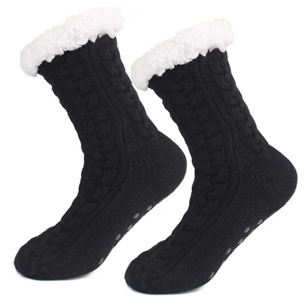 Lurviga Varma Stickade Sockor Tofflor med Halkskydd Svart svart one size