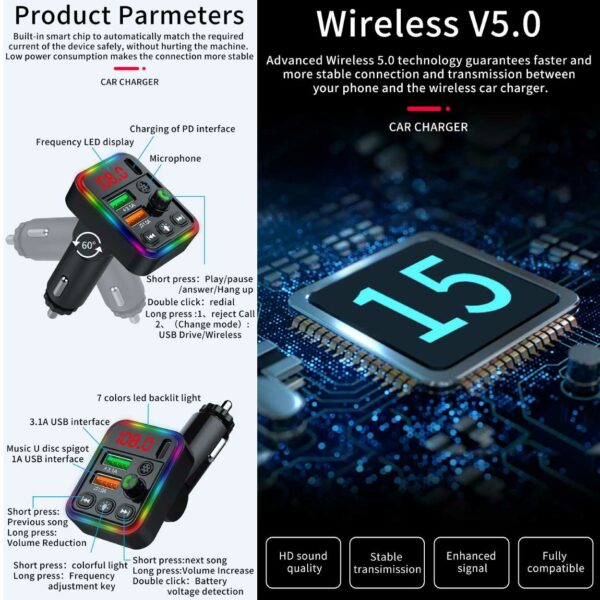 Bluetooth FM-sender Billader USB-C RGB svart