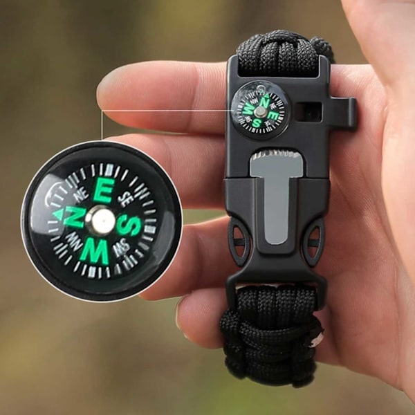 Paracord-armbånd med tennplugg, kompass og fløytesvart svart