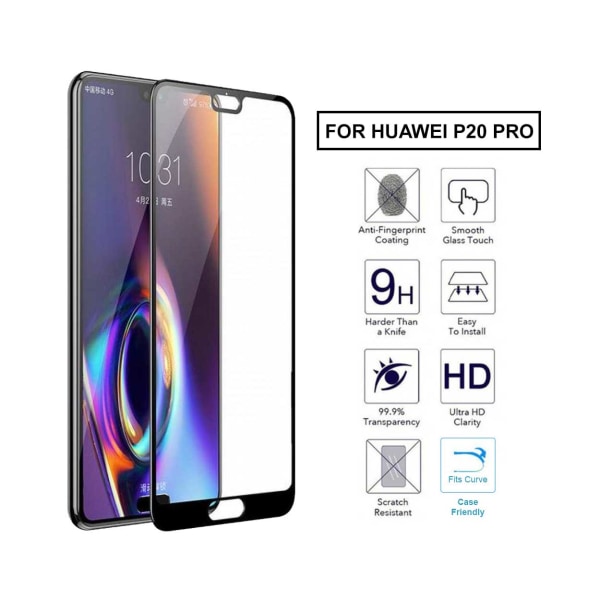 Huawei P20 Pro Heltäckande HD Skärmskydd Kolfiber Härdat Glas svart