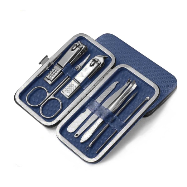 Manicure Set i 8 Dele Nail Clippers Nailkit Etui blå