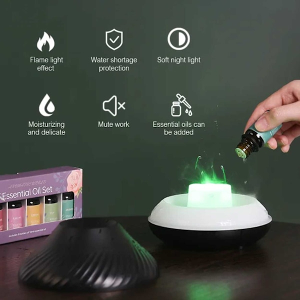 Flaming Aroma Diffuser | 3 essensielle oljer | RGB luftfukter svart