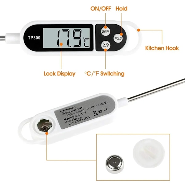 Kökstermometer med Omedelbar Läsning vit