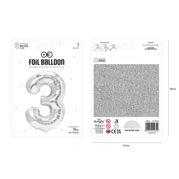 Sølv Folieballon Nummer 3, 70 cm sølv