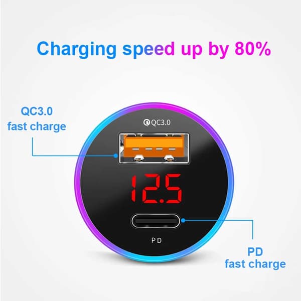 Biloplader USB-C 6A 36W Power Delivery Quick Charge 3.0 sort