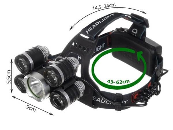 Kraftig pandelampe 5 LED CREE T6 Med 2 opladere sort