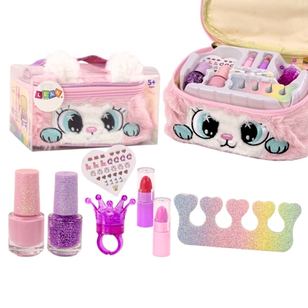 Sminkset för Barn i Plysch Necessär med Kattmotiv | Nagellack, Läppstift & Tillbehör